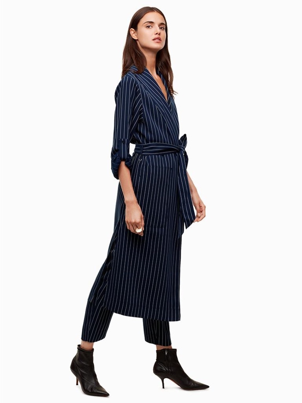 Aritzia Babaton Kahlo Pinstripe Robe Long Jacket Size XS Navy